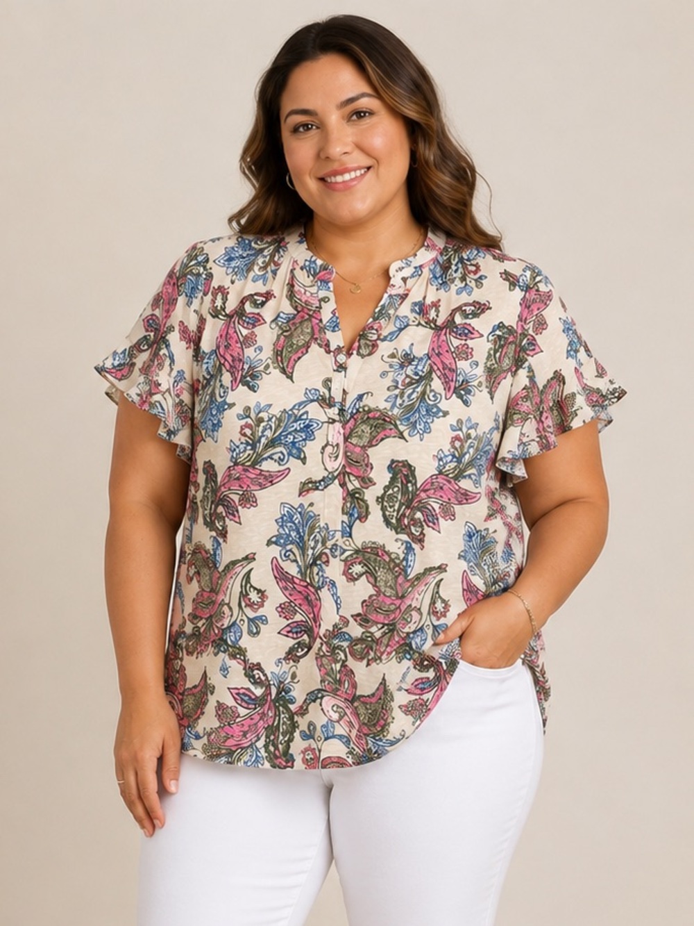 Denim & co. Linen Blend Flutter Sleeve Printed Top XL New A685461